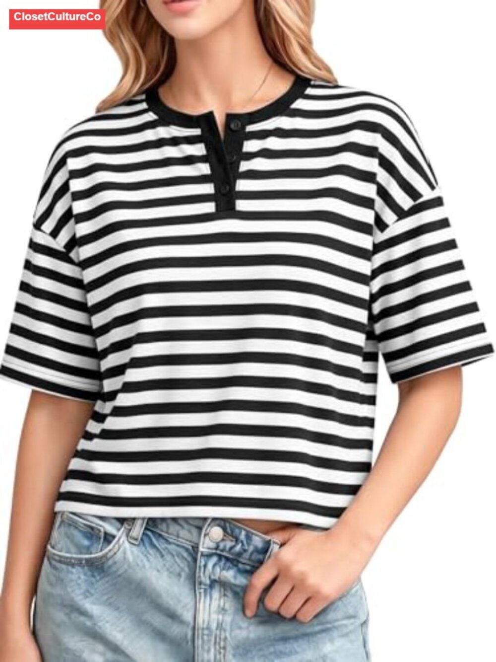 Oversized Striped Henley Crop Top Summer Casual Short Sleeve Tee
